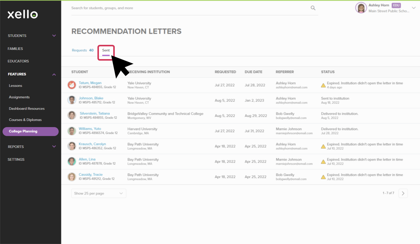 Recommendation Letters page in Xello with the cursor over the "Sent" tab